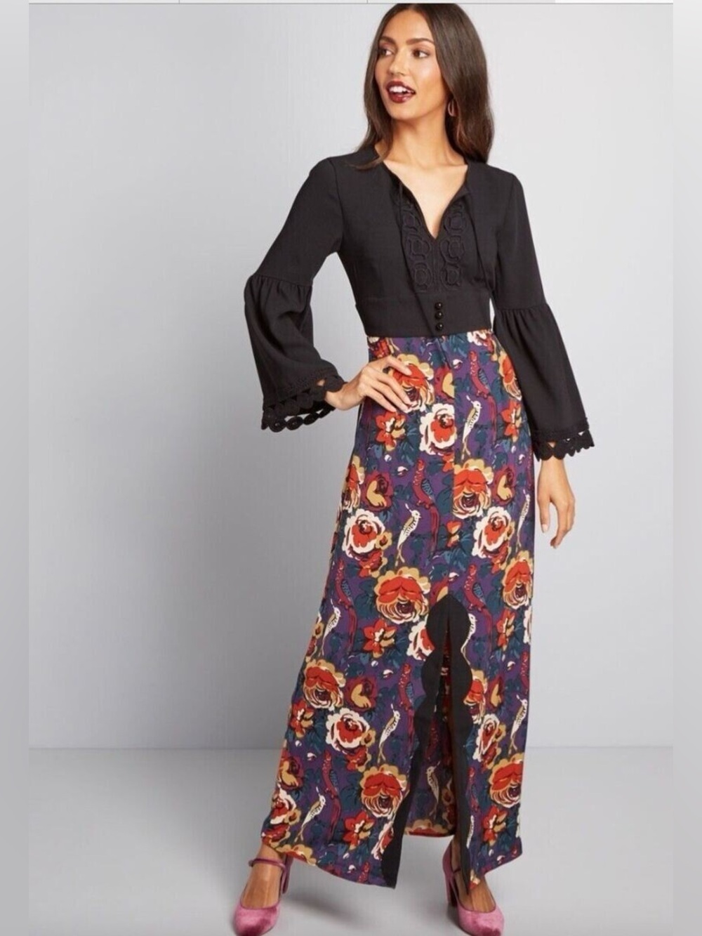 NWT ModCloth Anna Sui Floral Rooted in Retro Bird Bell Sleeve Maxi Dress Size 4